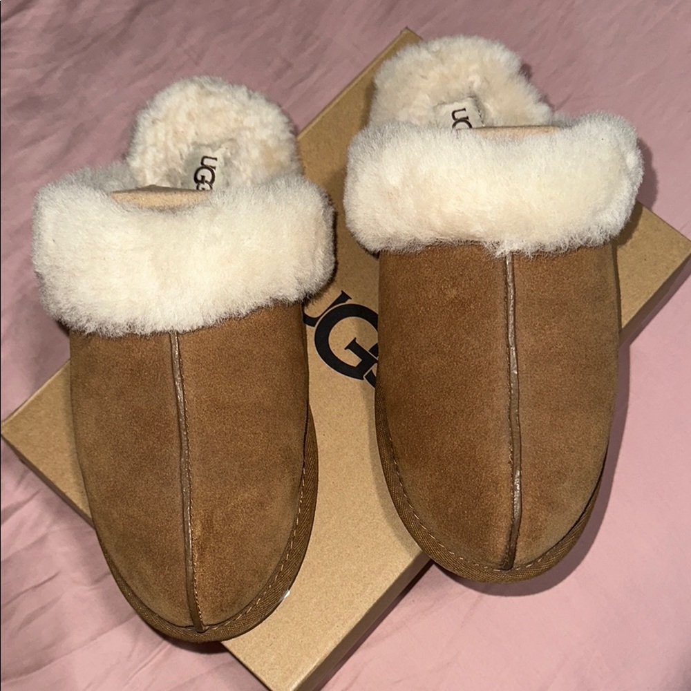UGG Tan Suede Slippers with White Fur